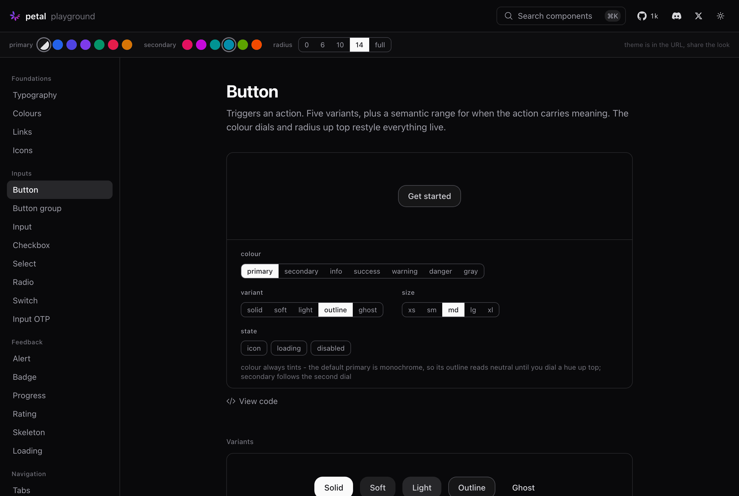 The same Button component page in dark mode