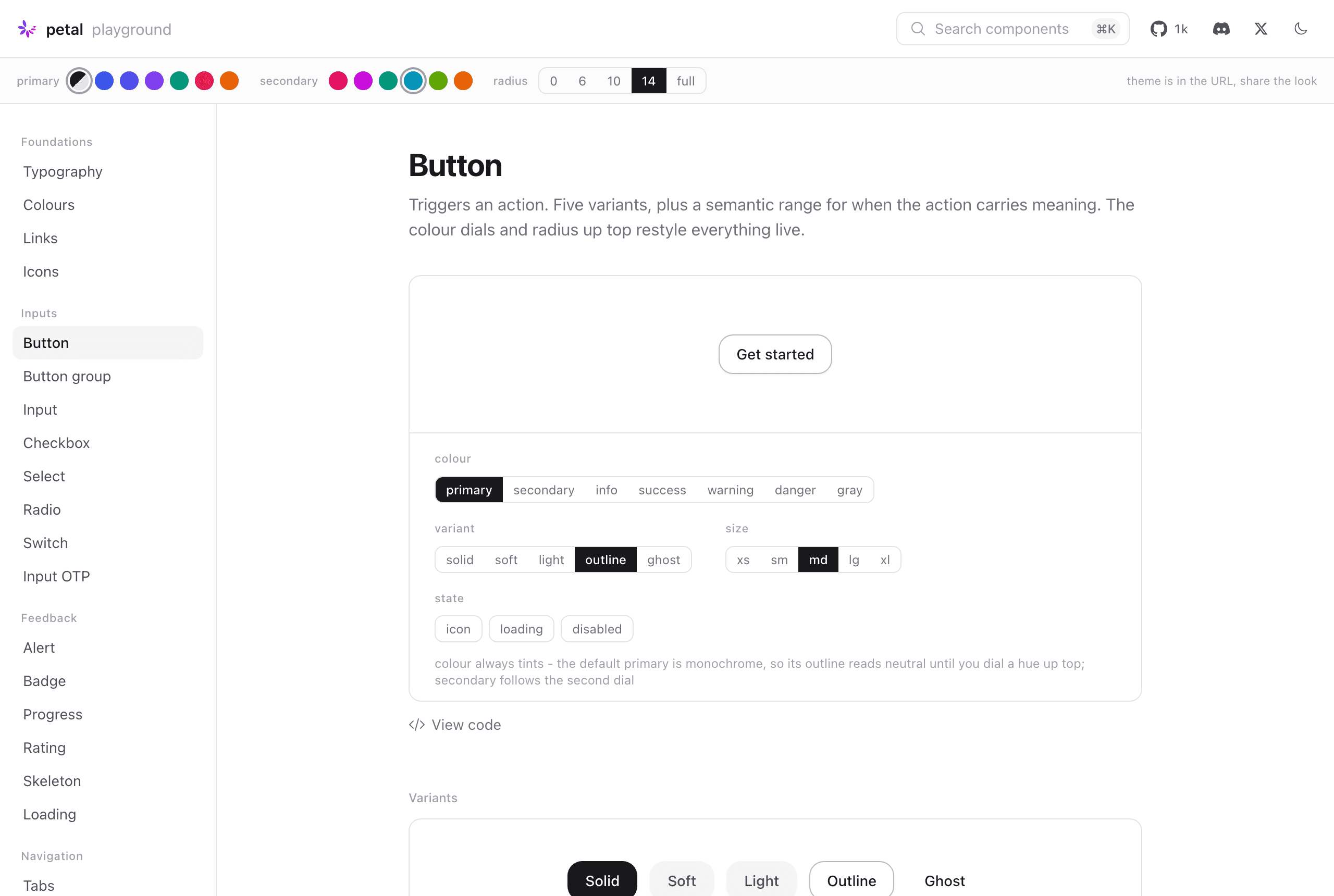 The Button component page with colour, variant, size and state controls