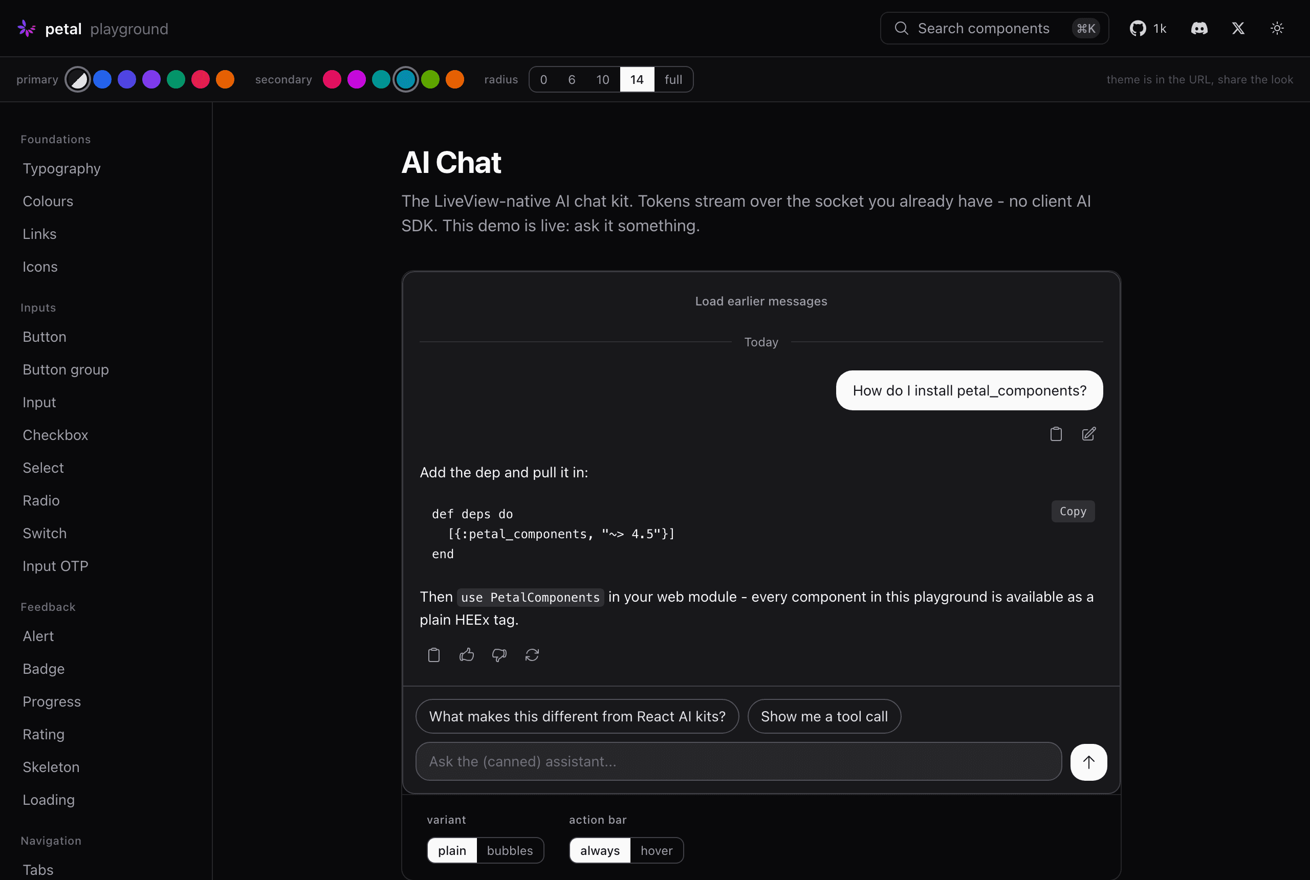 The same AI Chat component in dark mode