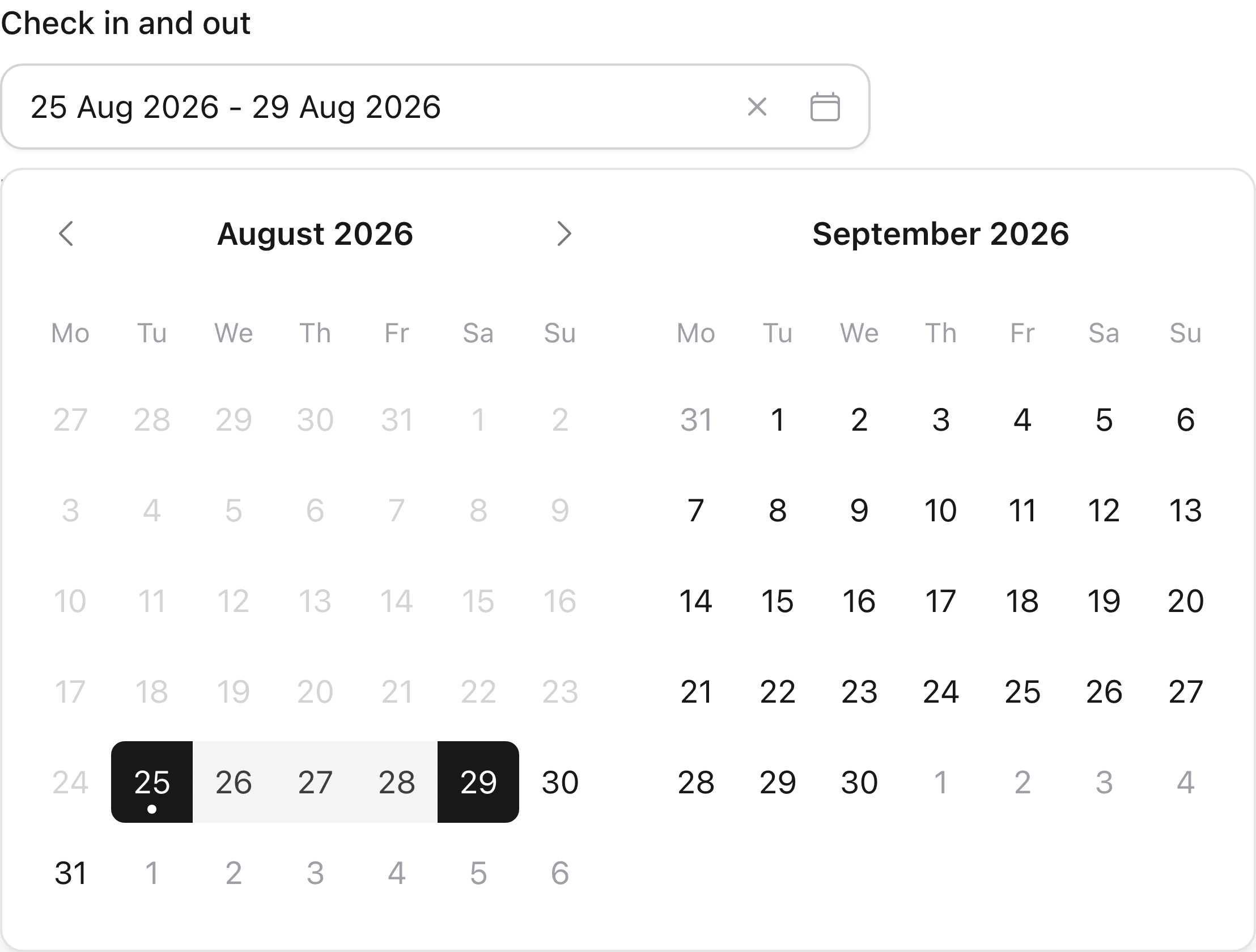 The Petal date picker open in range mode, showing August and September side by side with a five-day range selected