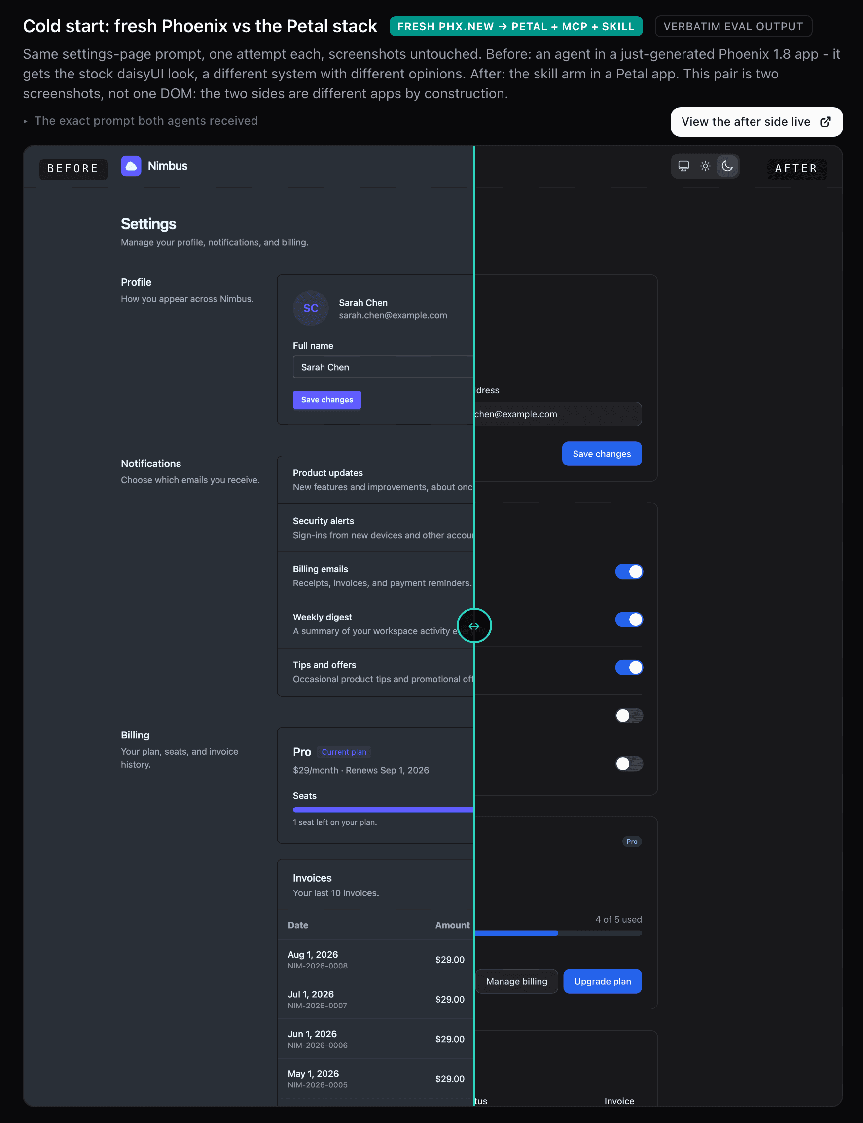 The same before and after comparison in dark mode