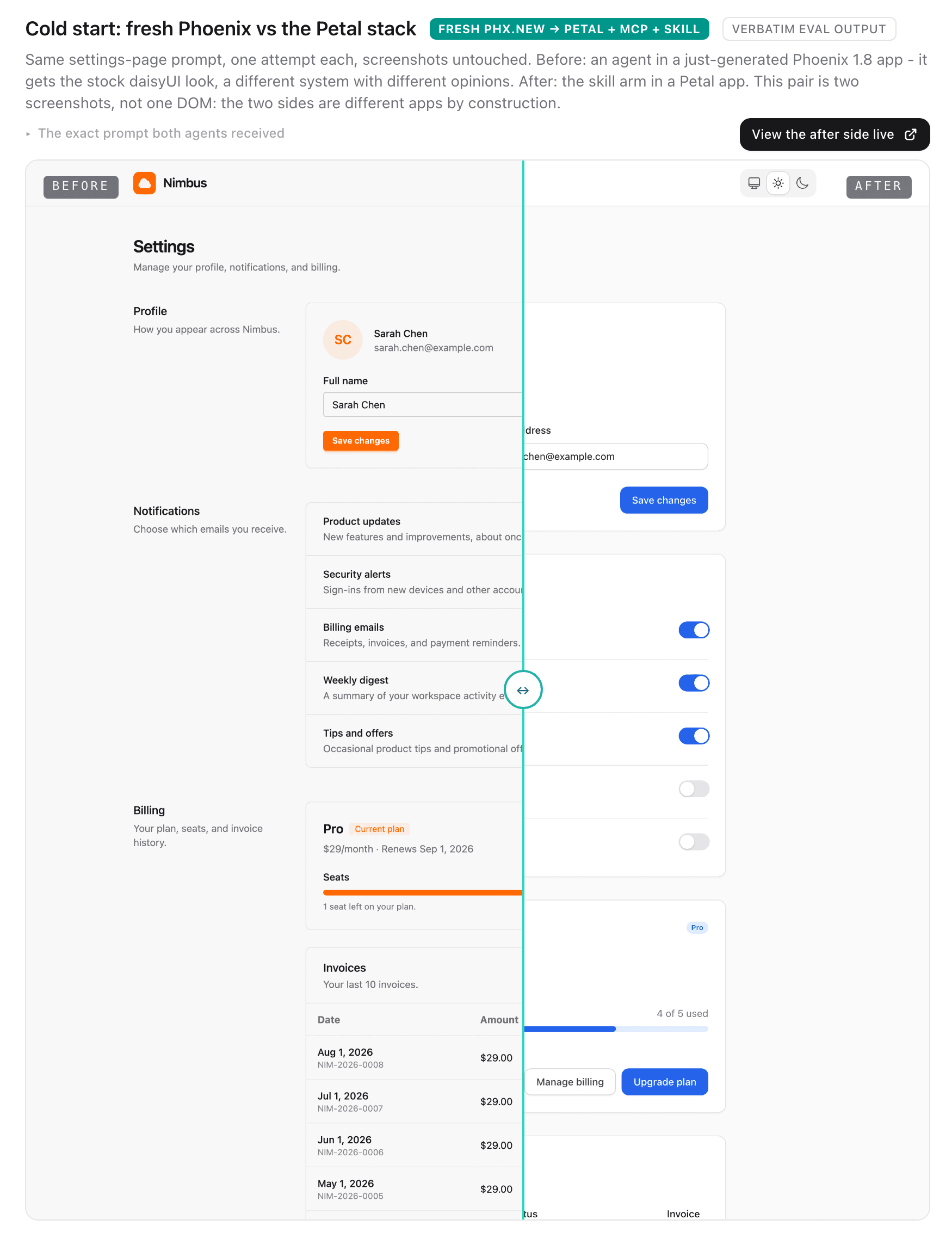 A before and after comparison of the same settings page: on the left an agent in a fresh Phoenix app, on the right the same prompt with the Petal components, MCP and skill