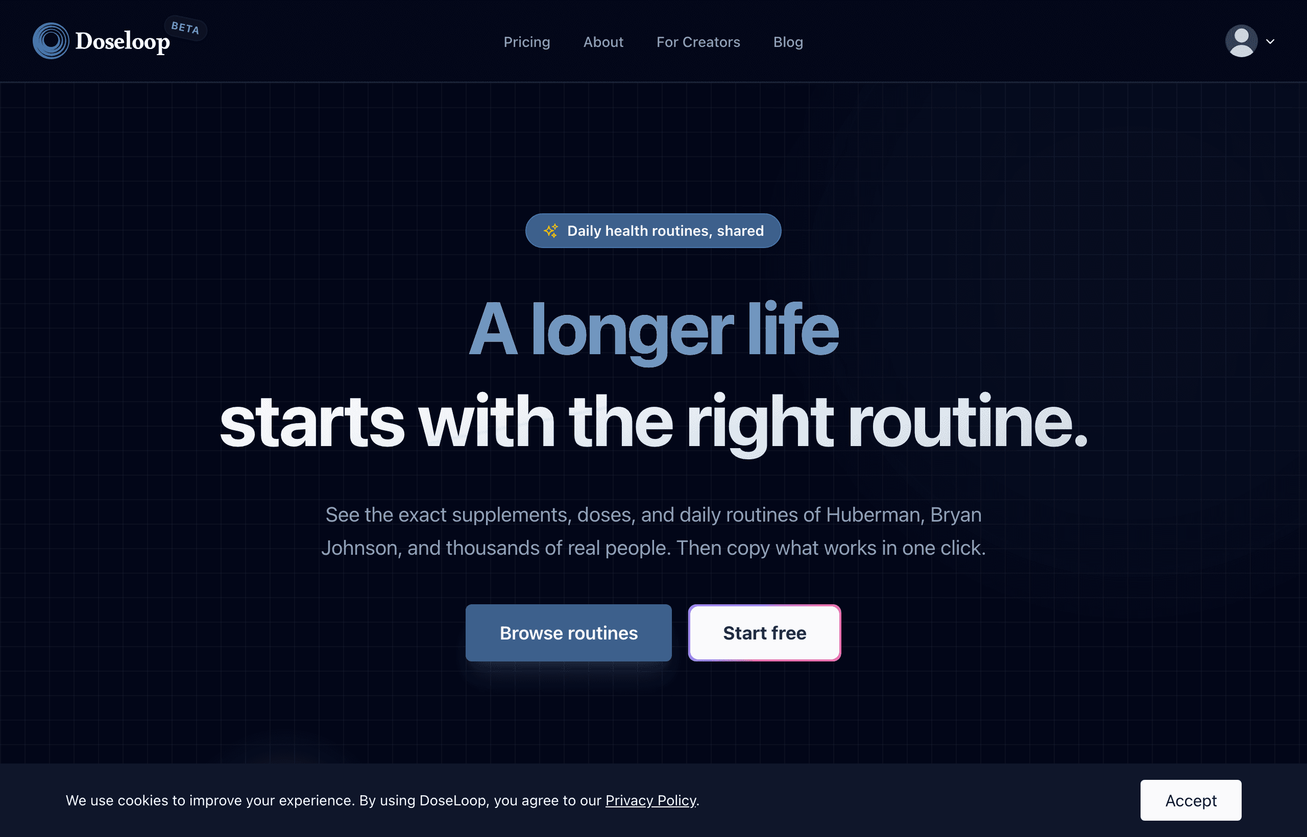 The Doseloop landing page, a dark, calm health-routine tracker