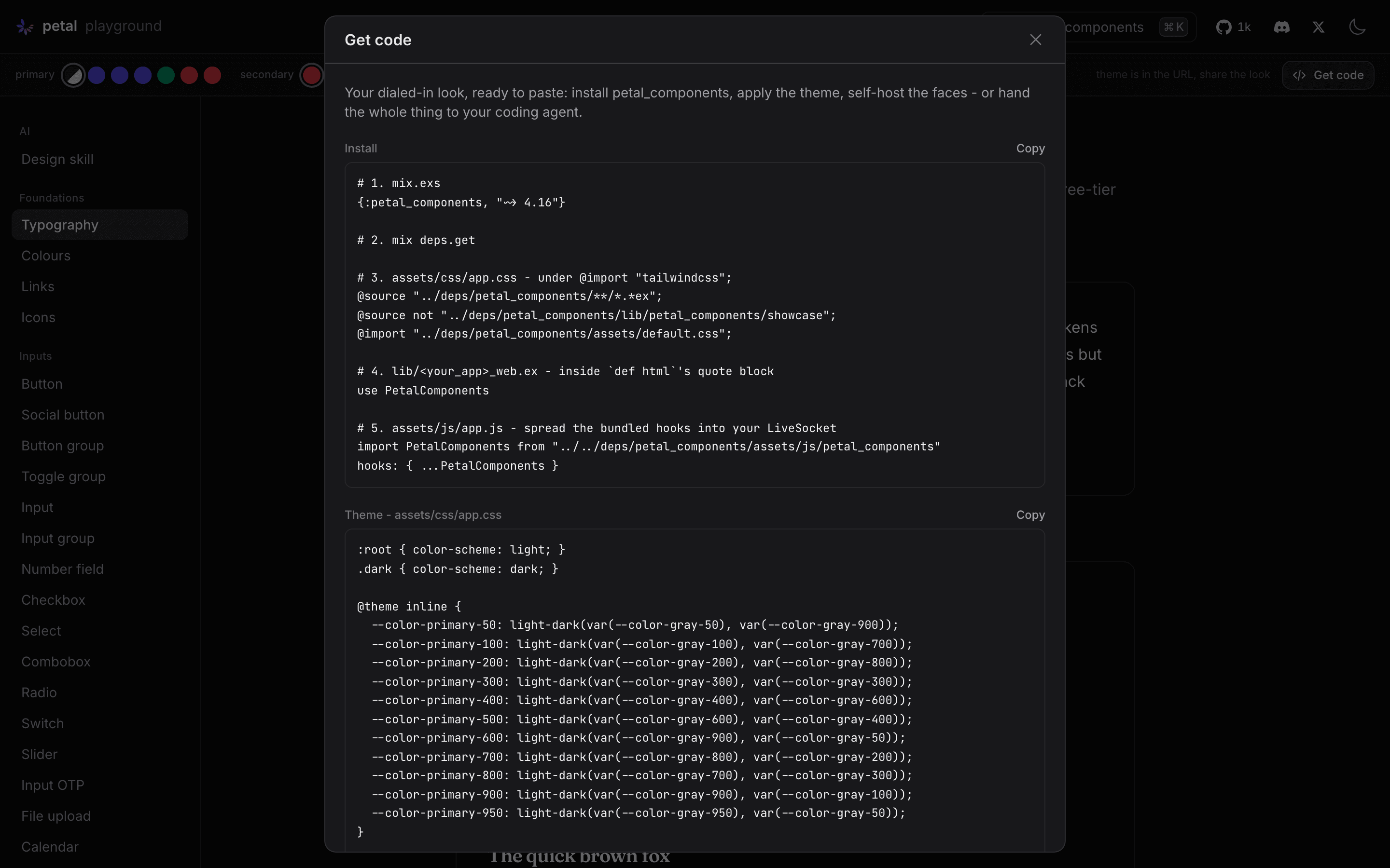 The Get code panel in dark mode, listing the install steps and the generated theme block for the current look