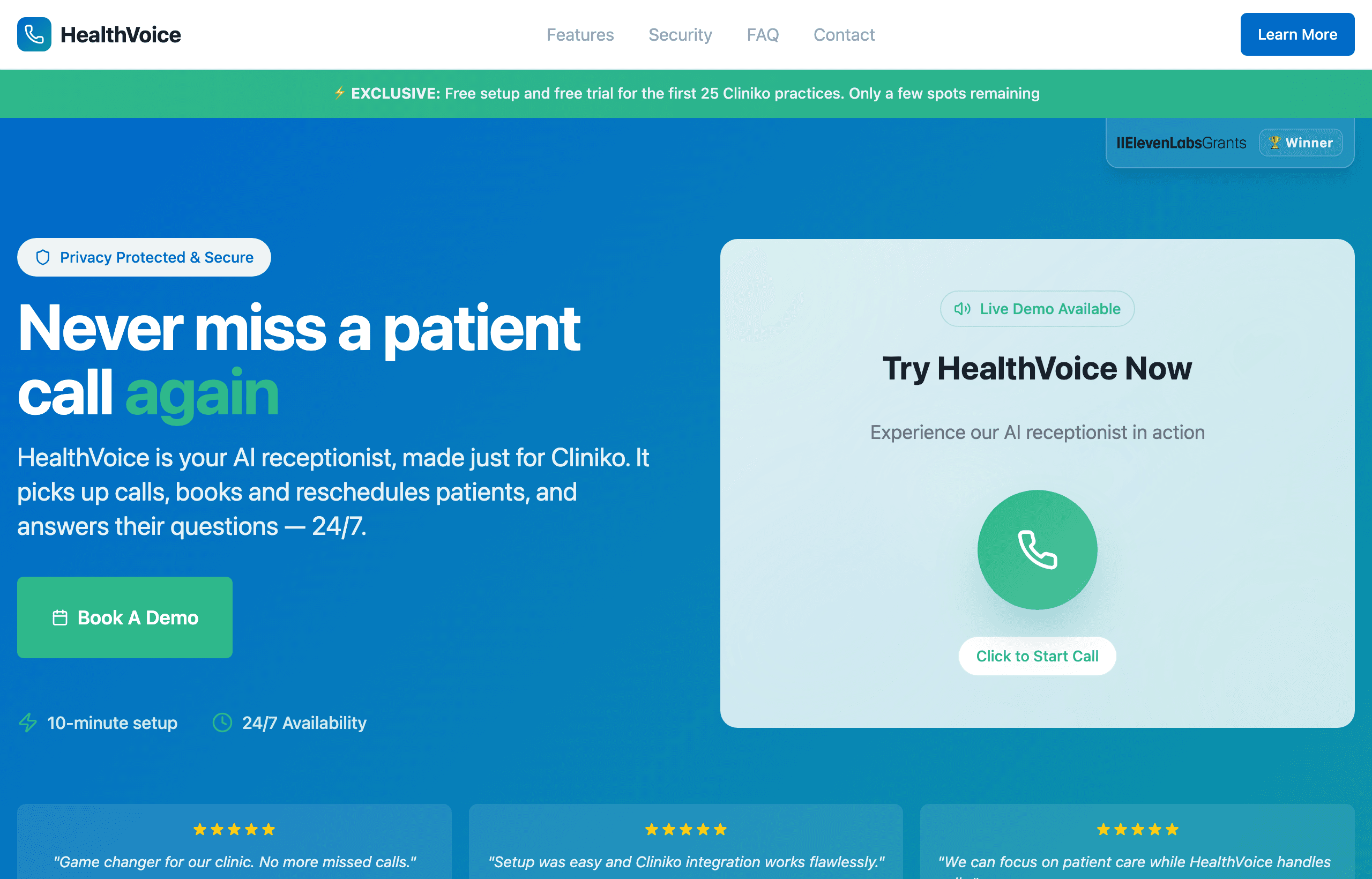 The HealthVoice landing page, an AI receptionist for Cliniko clinics