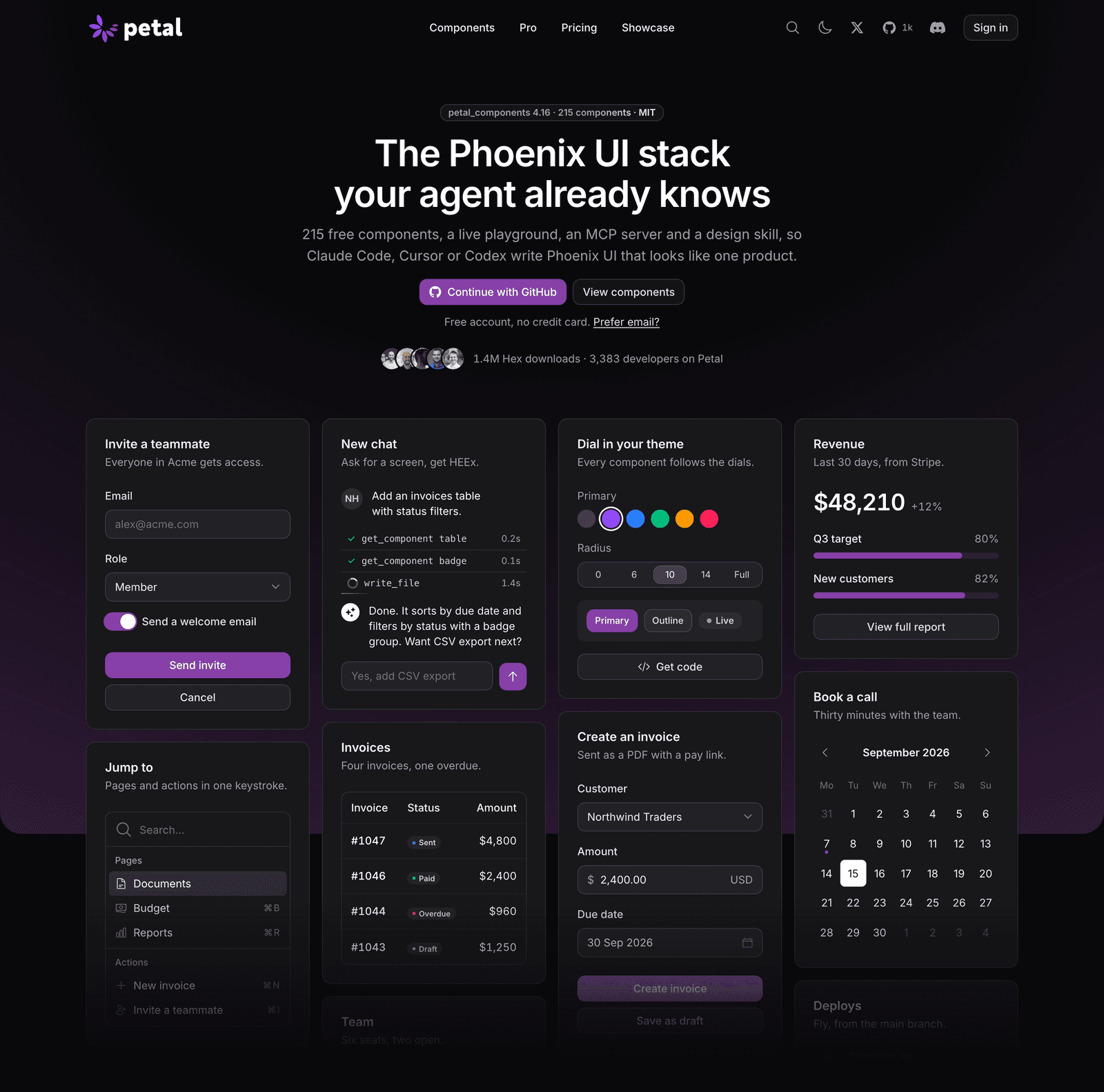 The same petal.build hero in dark mode
