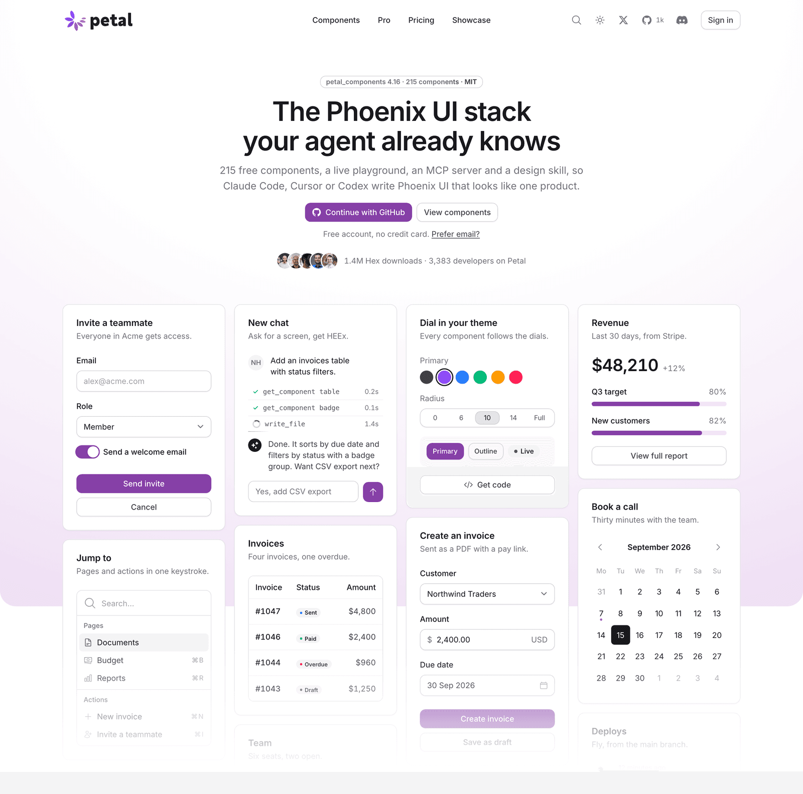 The relaunched petal.build hero in light mode, with a board of live Petal component demos