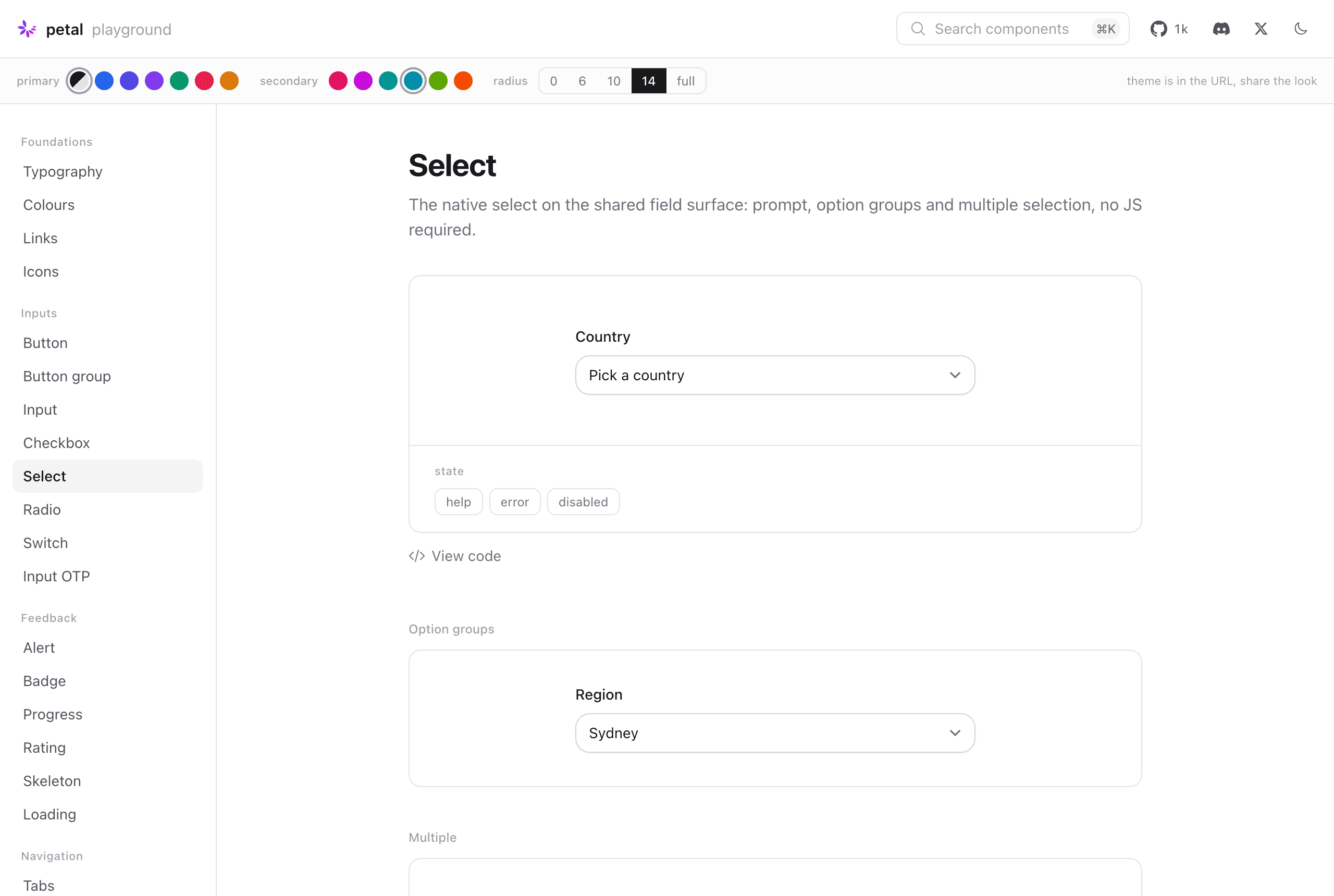 The Select component in the Petal playground, light mode