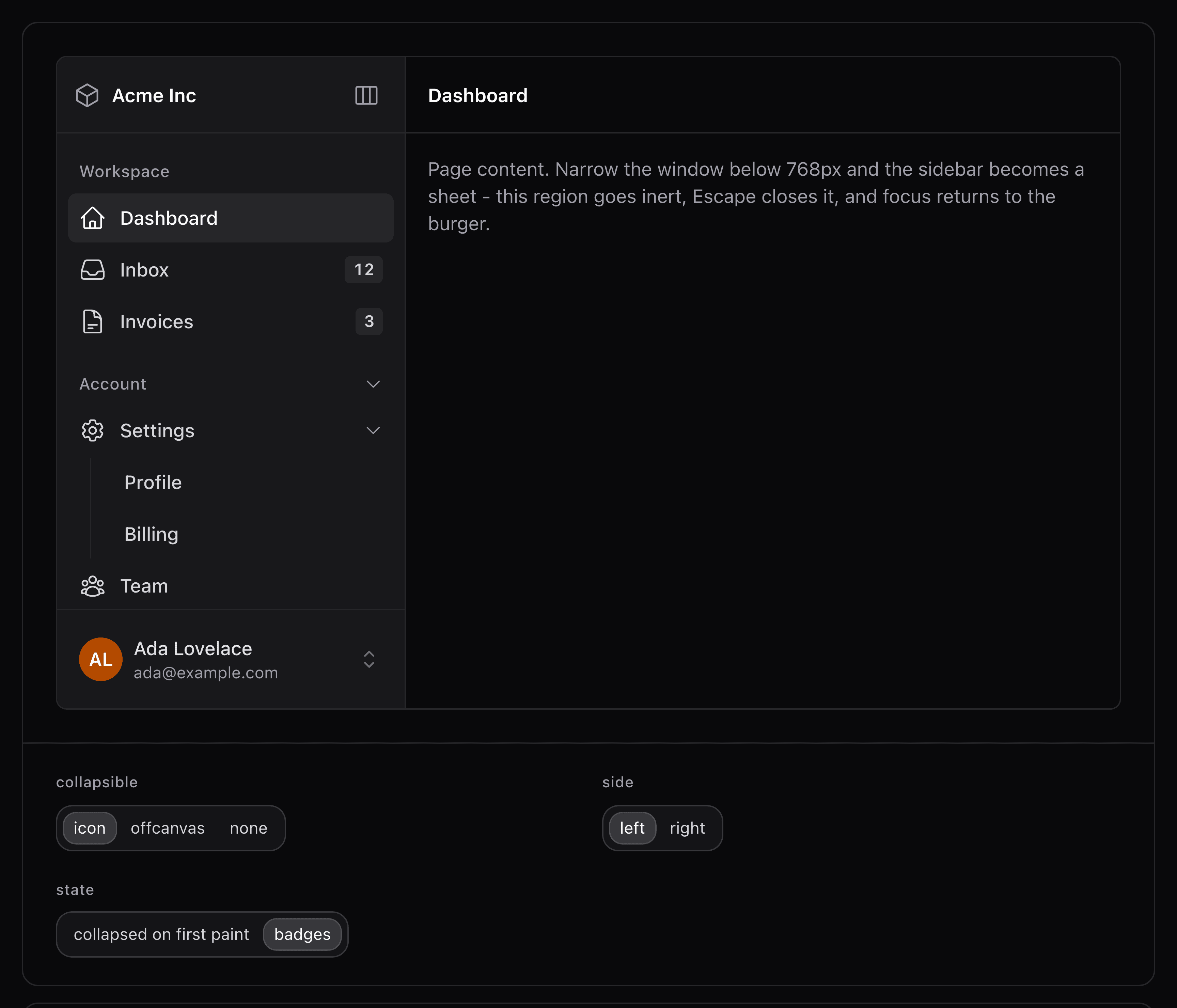 The sidebar family in dark mode: a collapsible navigation rail with grouped items, badges, nested sub-items and a user footer