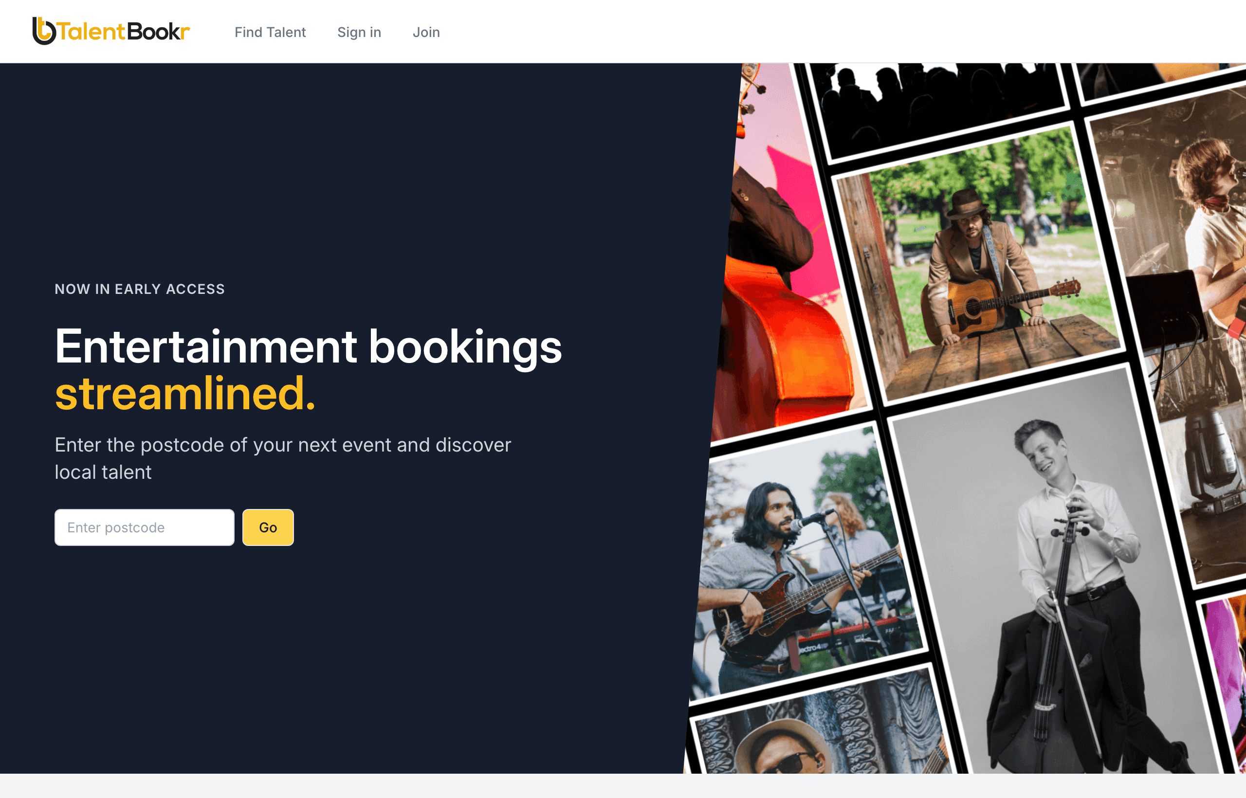 The Talentbookr landing page, an entertainment booking platform