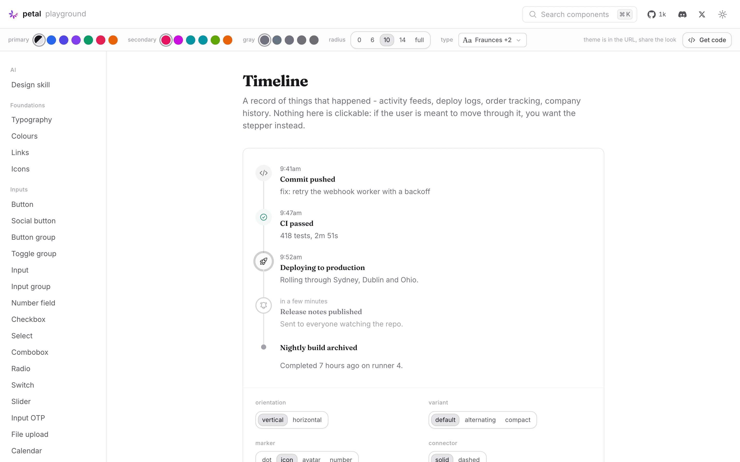 The new timeline component on the playground, its headings rendered in Fraunces because it reads the heading token