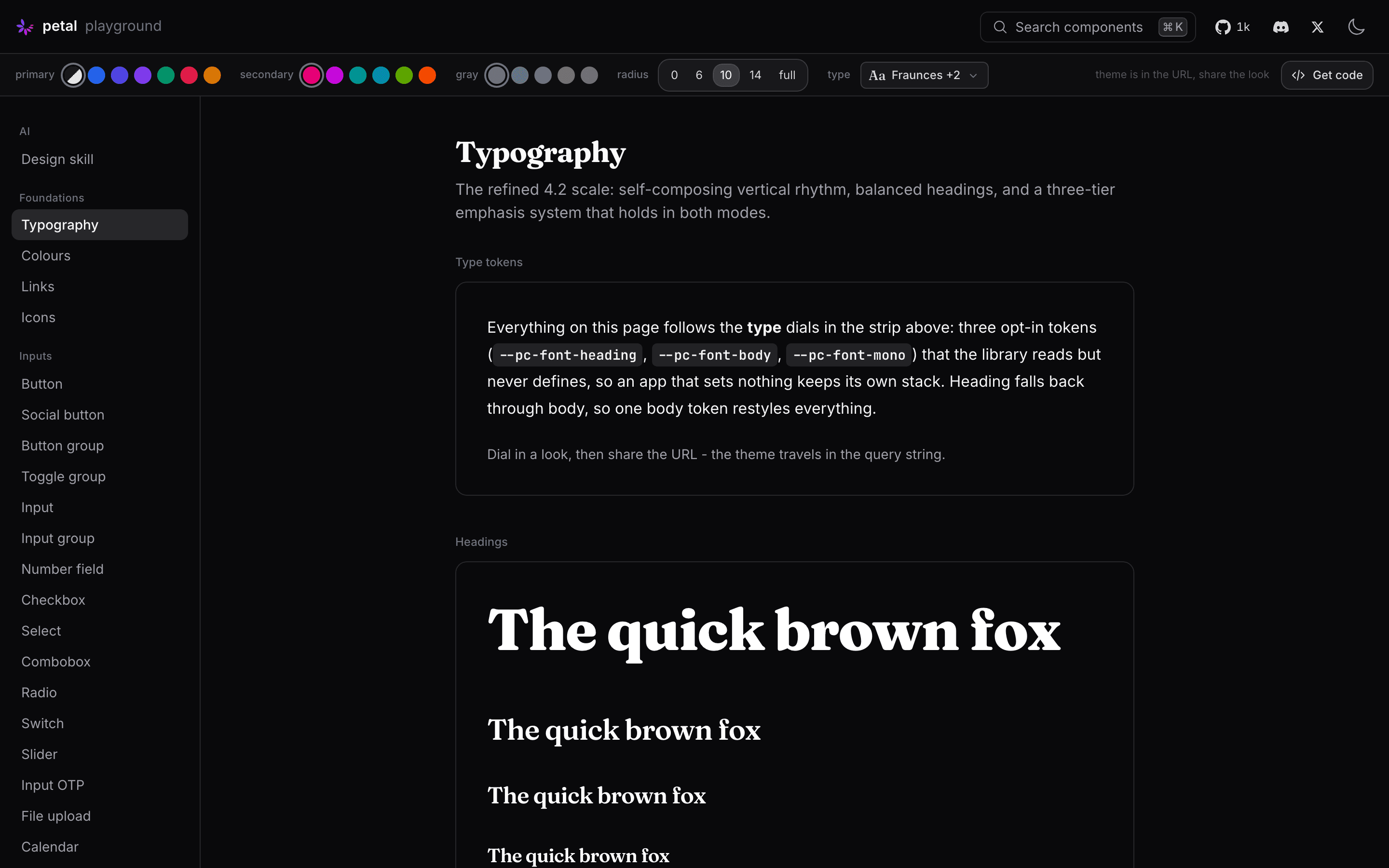 The same Typography page in dark mode