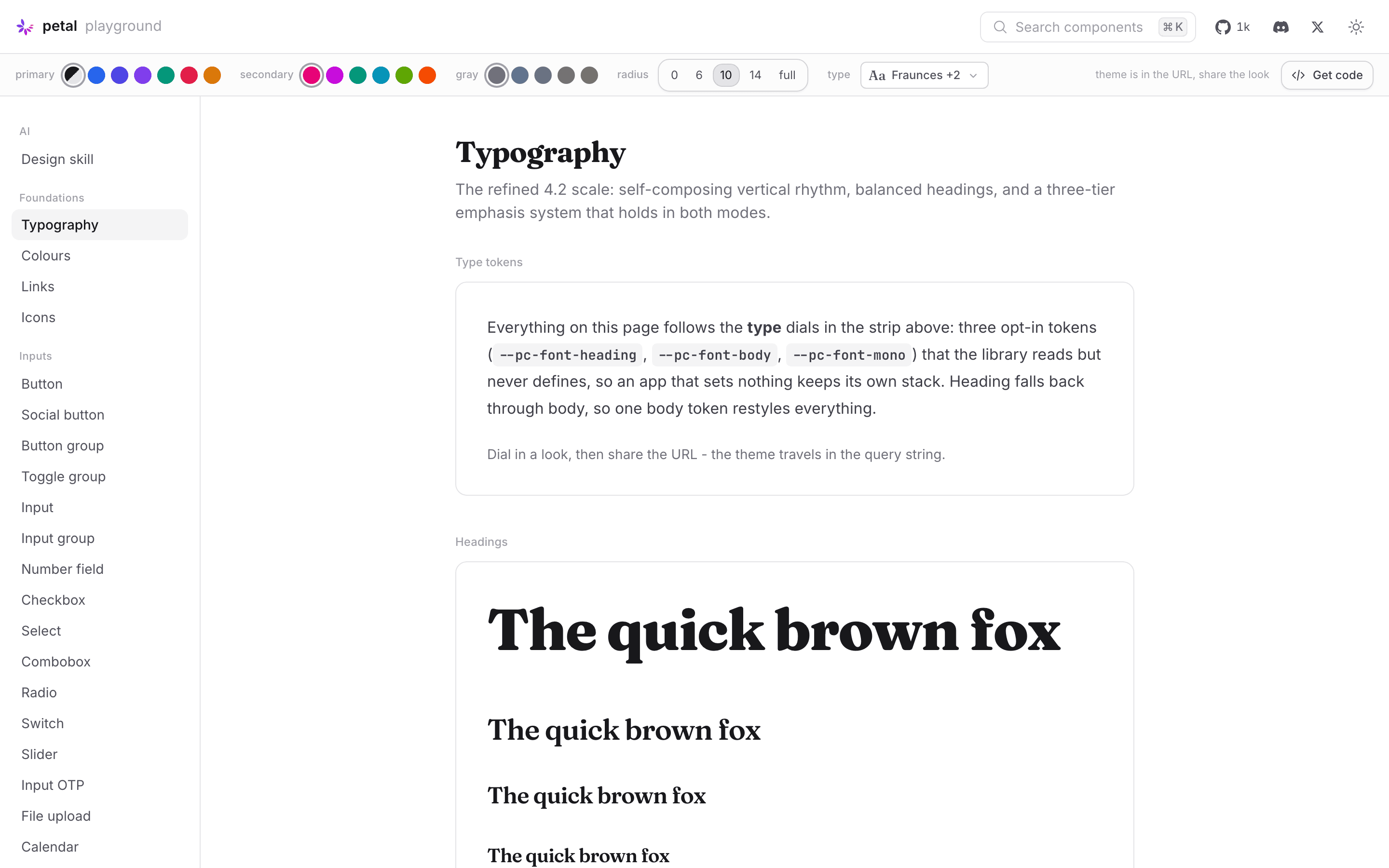 The Petal playground's Typography page with Fraunces headings, Inter body text and JetBrains Mono code, dialed in from the type control in the top strip